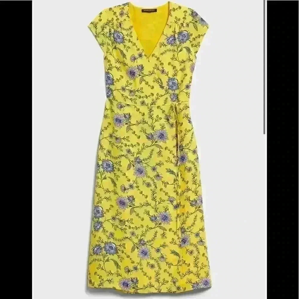 Banana Republic Petite Wrap Midi Yellow Floral Dress